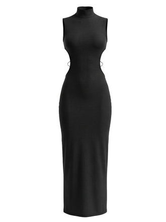 Robe de soirée moulante noire sans manches à dos nu et papillon Années 1980 - 1
