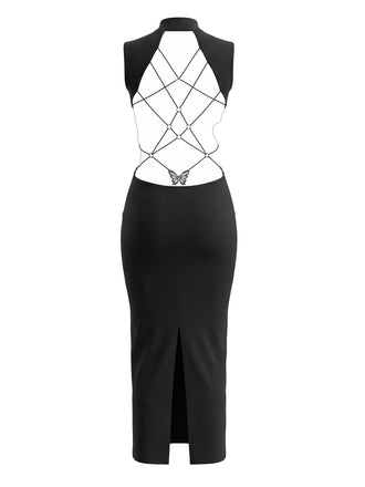 Robe de soirée moulante noire sans manches à dos nu et papillon Années 1980 - 2