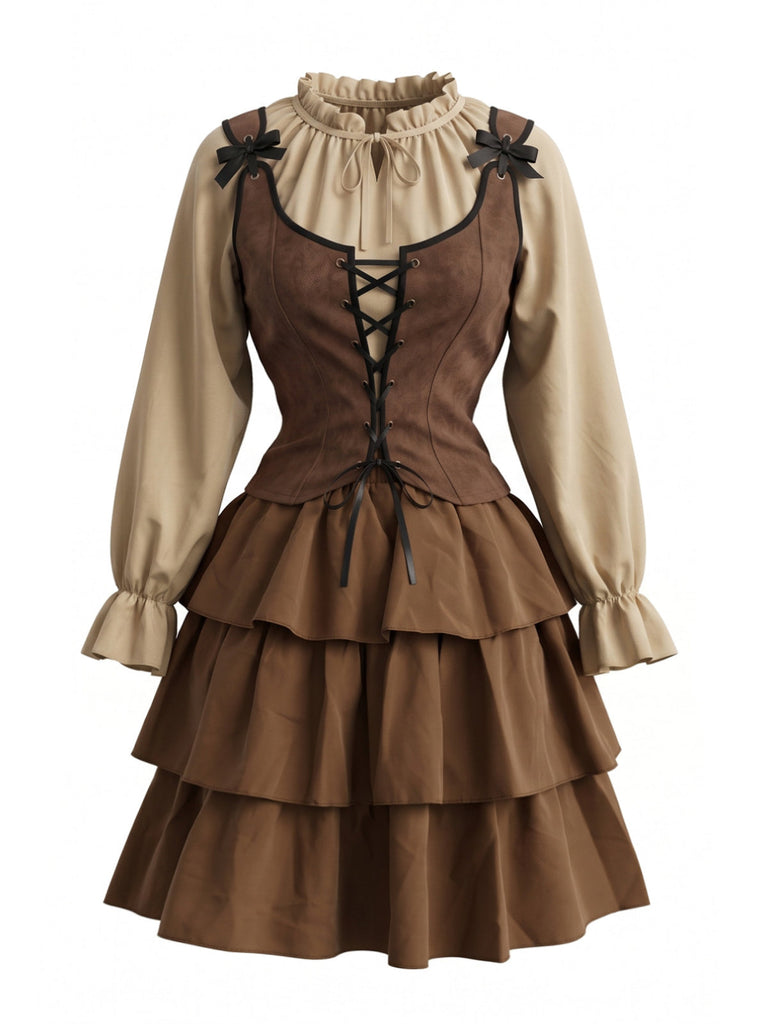 Ensemble costume de pirate médiéval à corset et volants étagés années 1980