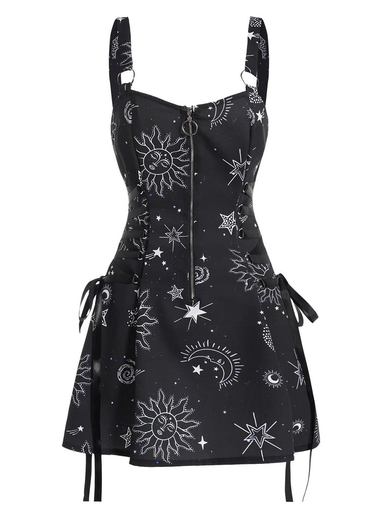 Robe en A d’Halloween à étoiles et lune et larges bretelles années 1960