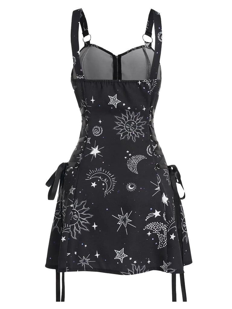 Robe en A d’Halloween à étoiles et lune et larges bretelles années 1960