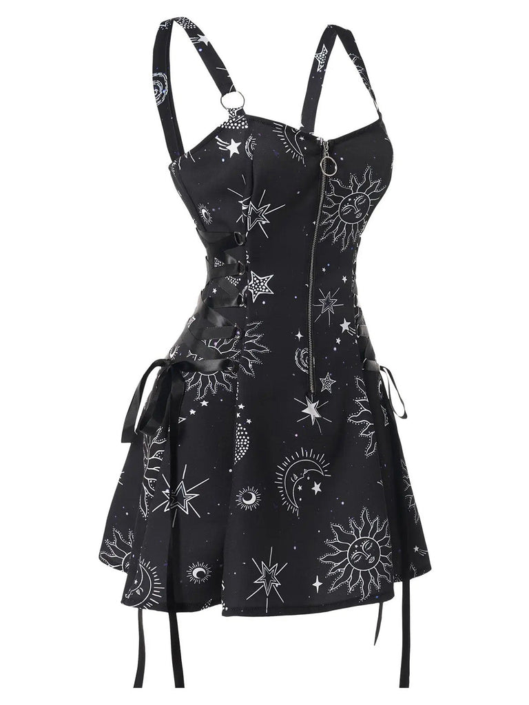 Robe en A d’Halloween à étoiles et lune et larges bretelles années 1960