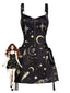 Robe trapèze motif lune et étoiles et larges bretelles Halloween années 1960
