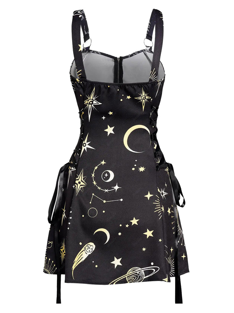 Robe en A d’Halloween à étoiles et lune et larges bretelles années 1960