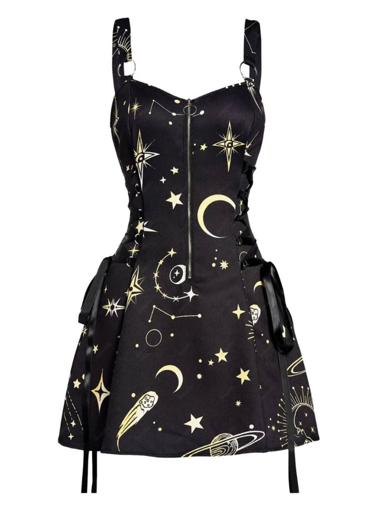 Robe en A d’Halloween à étoiles et lune et larges bretelles années 1960