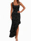 Robe longue moulante asymétrique à fleurs années 1930