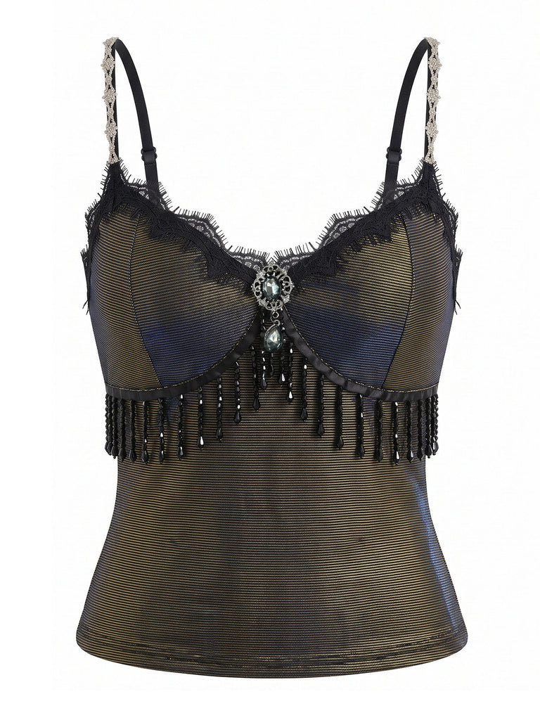 Top caraco noir en dentelle à franges perlées dorées années 1960 - 1