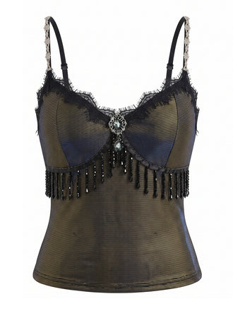 Top caraco noir en dentelle à franges perlées dorées années 1960 - 1