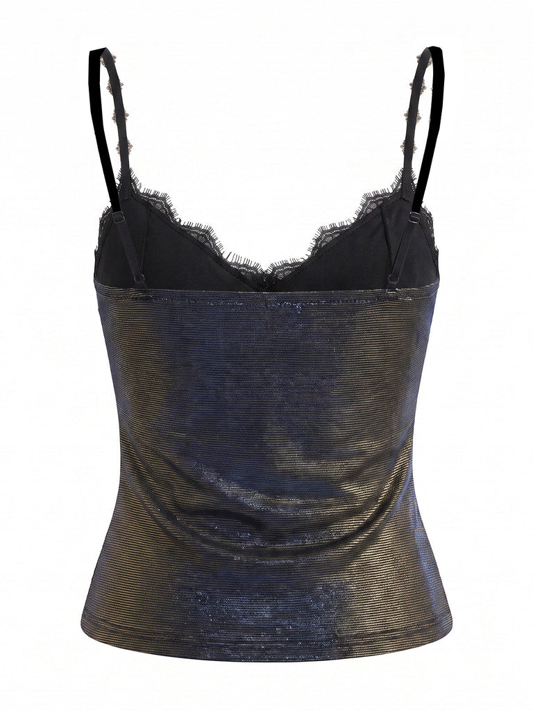 Top caraco noir en dentelle à franges perlées dorées années 1960 - 2