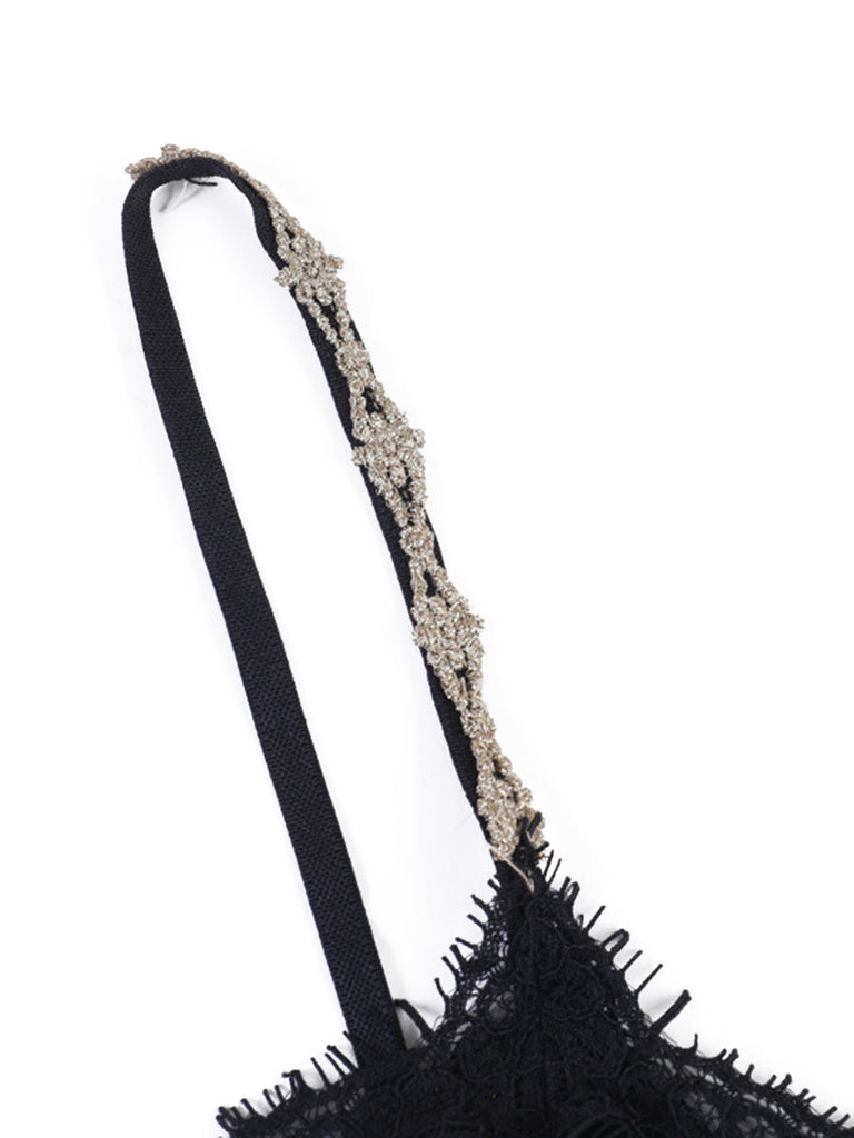 Top caraco noir en dentelle à franges perlées dorées années 1960 - 6