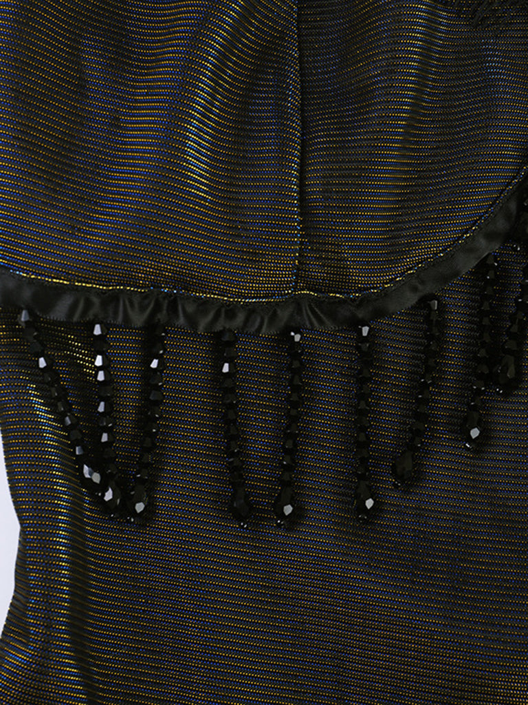Top caraco noir en dentelle à franges perlées dorées années 1960 - 7