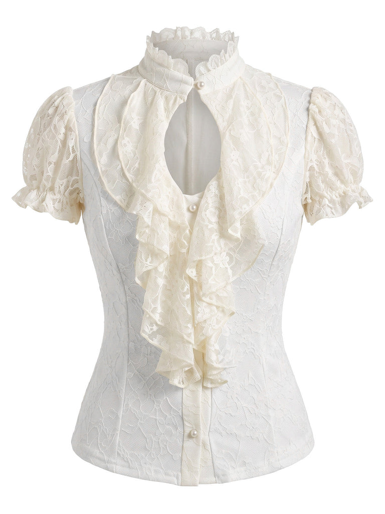 Blouse gothique en dentelle à volants, manches bouffantes et décolleté goutte d’eau années 1960