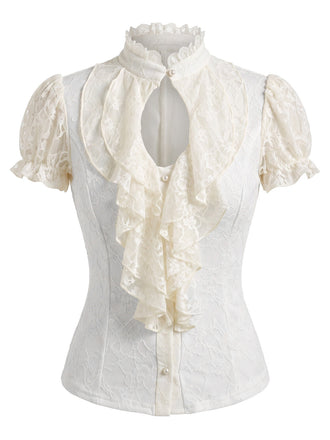 Blouse gothique en dentelle à volants, manches bouffantes et décolleté goutte d’eau années 1960