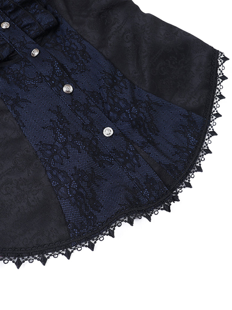 Blouse gothique bleu foncé en jacquard et dentelle à boutons années 1960