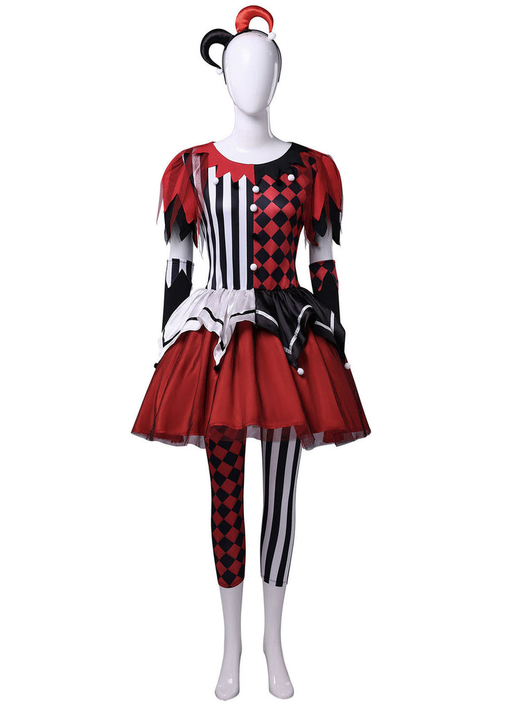 Ensemble robe rouge de clown d’Halloween à rayures et carreaux années 1940