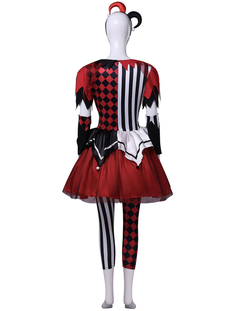 Ensemble robe rouge de clown d’Halloween à rayures et carreaux années 1940