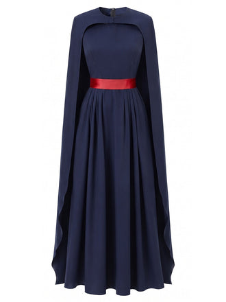 Robe bleu marine plissée de cosplay reine avec cape années 1970