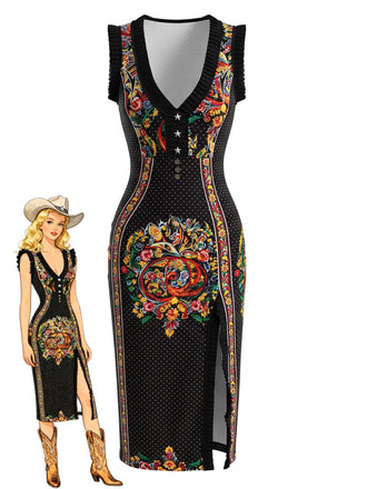 Robe midi noire à imprimé cachemire, col V, volants et fente années 1970 - 1