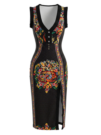 Robe midi noire à imprimé cachemire, col V, volants et fente années 1970 - 2