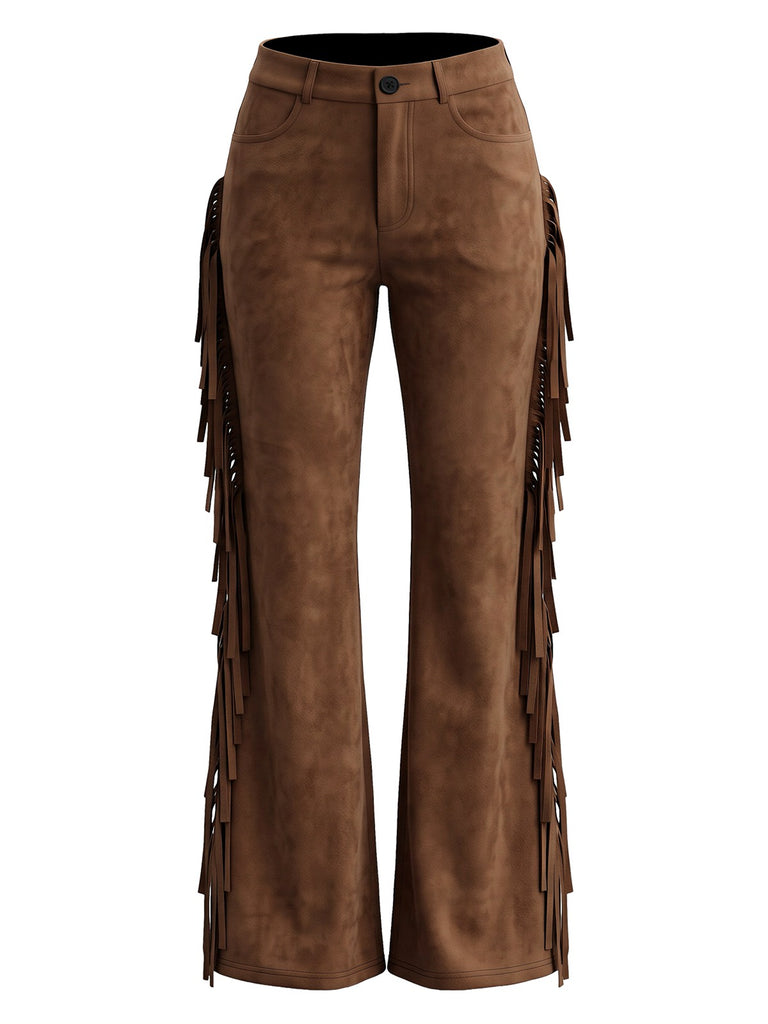 Pantalon évasé daim marron franges western années 1970