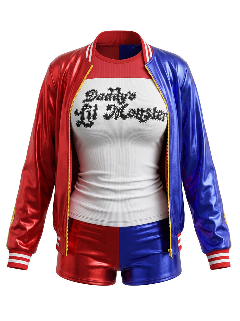 Ensemble costume de bouffon rouge et bleu à imprimé métallisé années 1980
