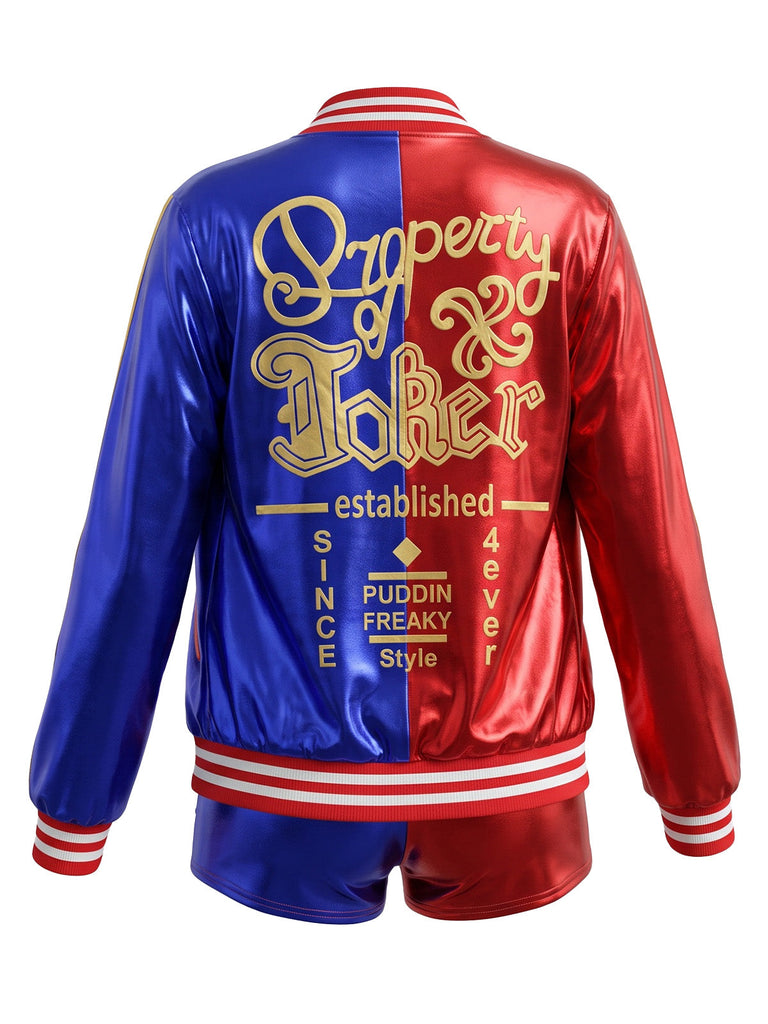 Ensemble costume de bouffon rouge et bleu à imprimé métallisé années 1980