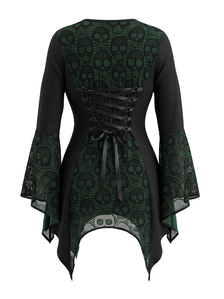 Top gothique à col carré, dentelle à crânes et manches évasées années 1970 - 5