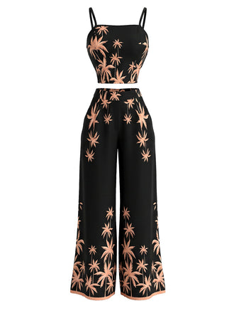 2PCS Ensemble haut et pantalon noir motif palmiers tropicaux années 1970