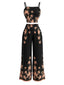 2PCS Ensemble haut et pantalon noir motif palmiers tropicaux années 1970