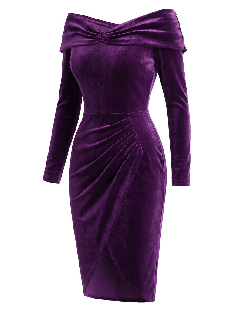[Prévente] Robe moulante violette en velours à épaules dénudées Années 1960 - 3