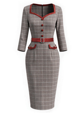 [Prévente] Robe crayon noire et blanche à pied-de-poule, bordures contrastées et ceinture Années 1960 - 2