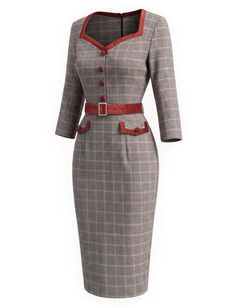 [Prévente] Robe crayon noire et blanche à pied-de-poule, bordures contrastées et ceinture Années 1960 - 3
