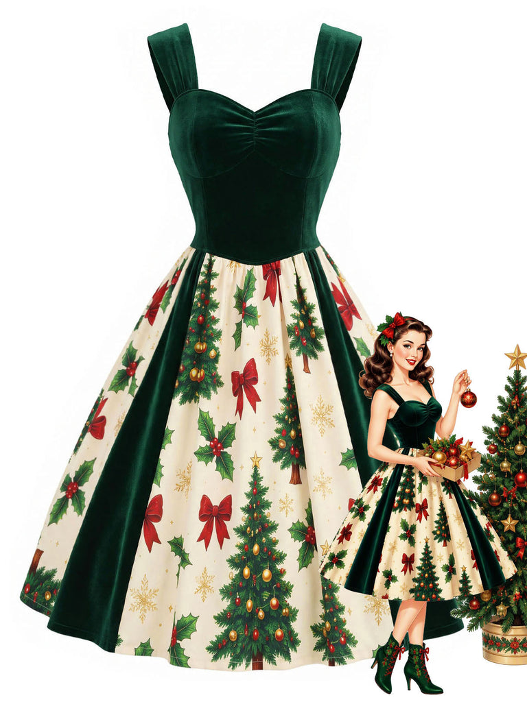 [Prévente] Robe verte en velours à imprimé sapins de Noël Années 1950 - 1