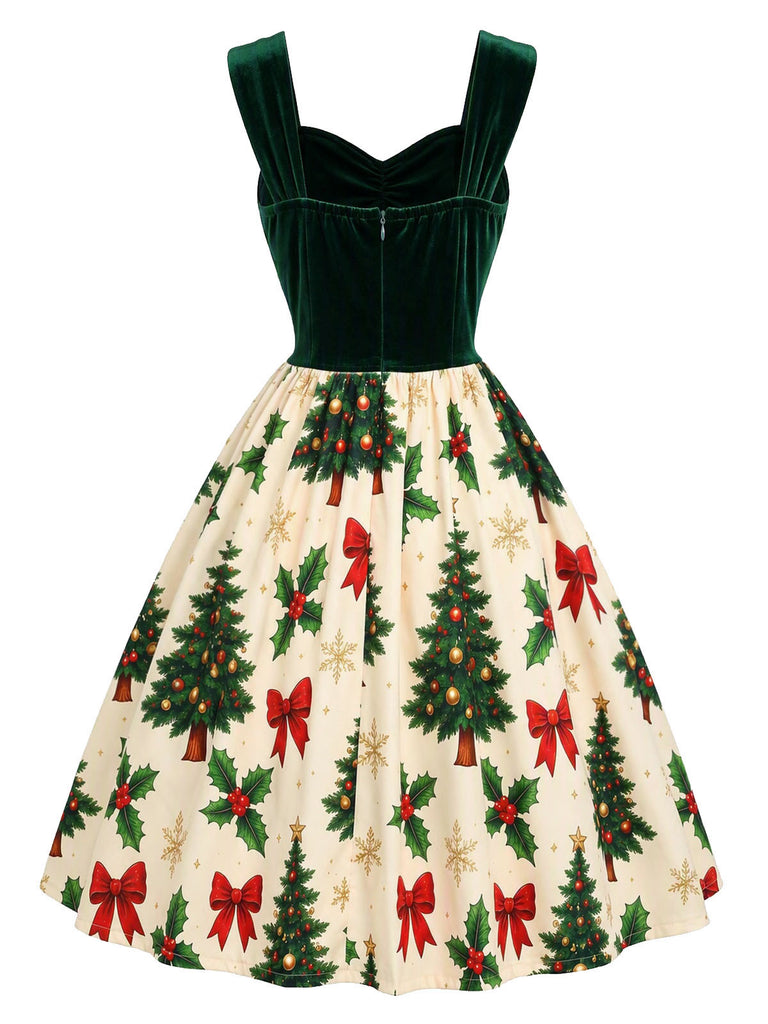 [Prévente] Robe verte en velours à imprimé sapins de Noël Années 1950 - 4
