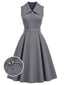 [Prévente] Robe midi évasée gris clair col croisé et ceinture années 50