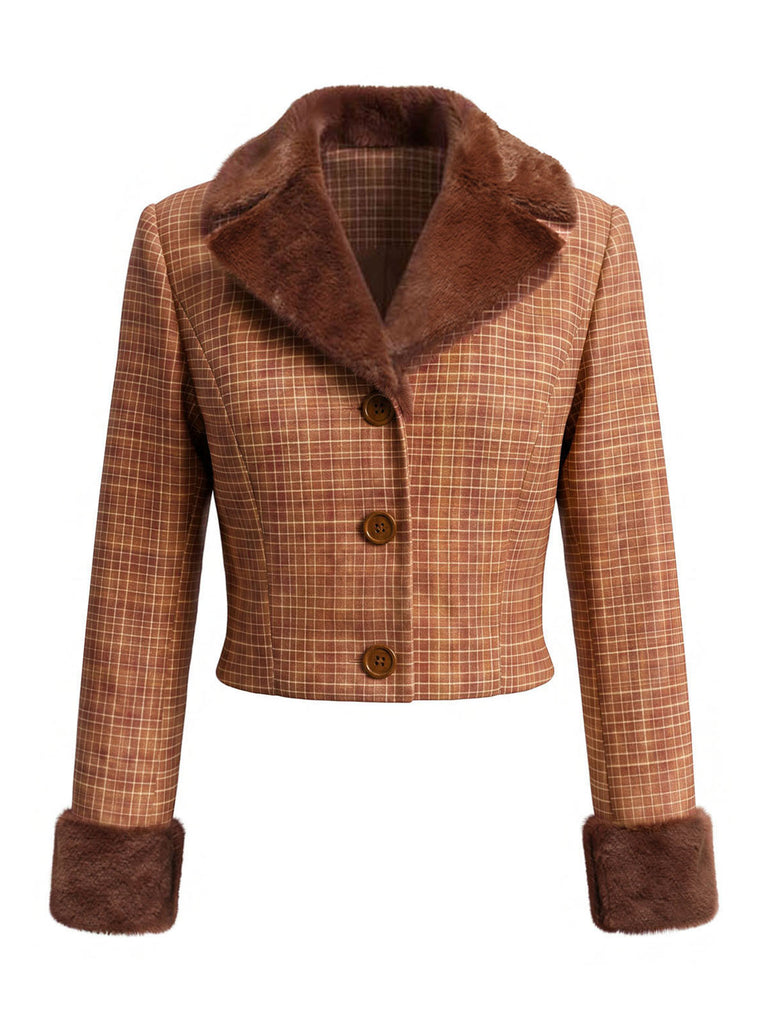 [Prévente] 2PCS Ensemble veste courte marron à carreaux, col cranté et fausse fourrure avec jupe Années 1940 - 5