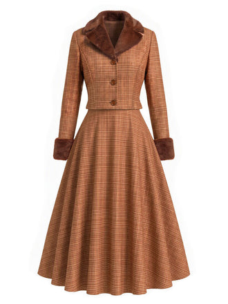 [Prévente] 2PCS Ensemble veste courte marron à carreaux, col cranté et fausse fourrure avec jupe Années 1940 - 2