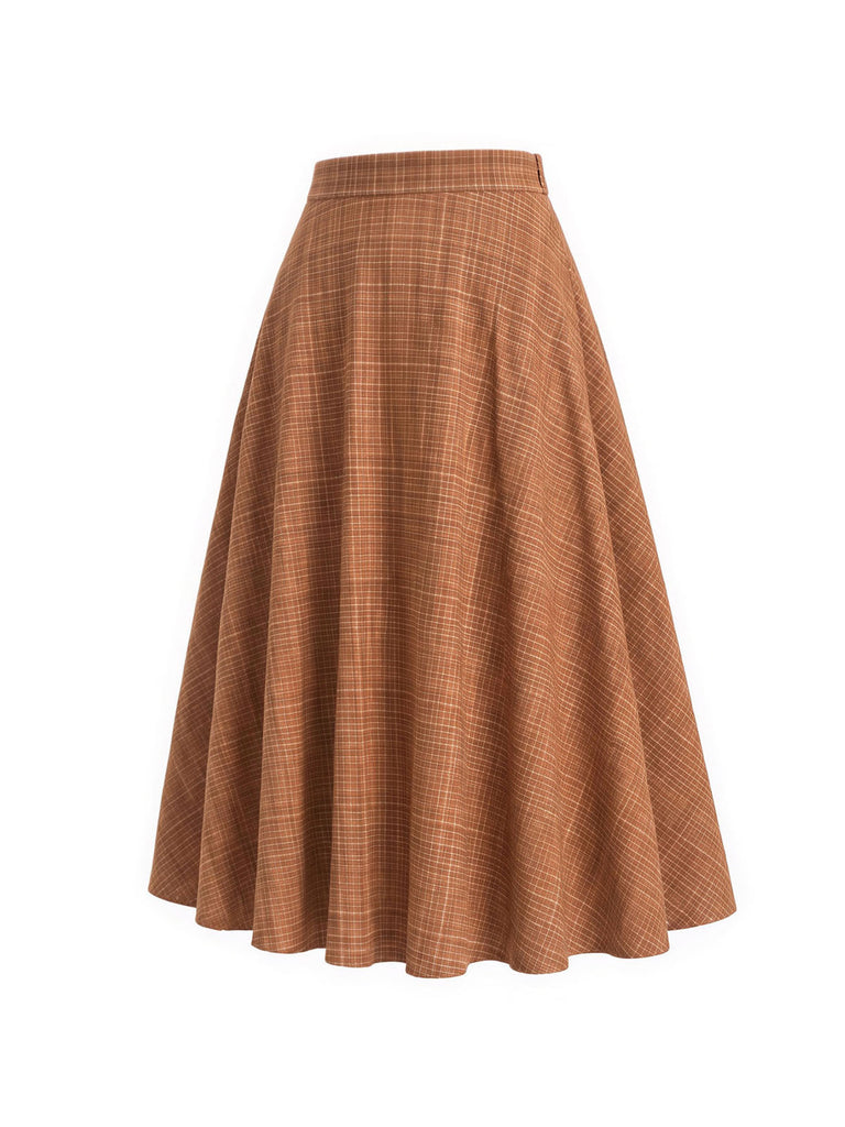 [Prévente] 2PCS Ensemble veste courte marron à carreaux, col cranté et fausse fourrure avec jupe Années 1940 - 12
