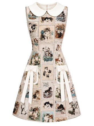 [Prévente] Robe beige à col Claudine et imprimé cartes postales de chats années 1960