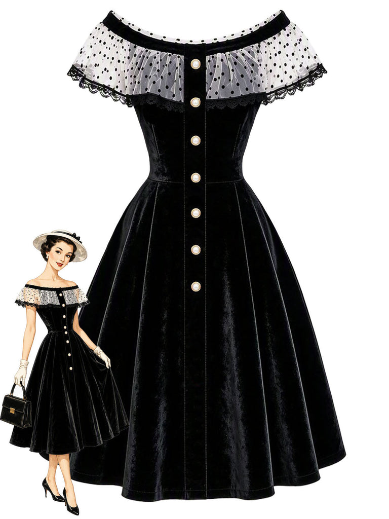 [Prévente] Robe noire en velours à pois en tulle et épaules dénudées années 1950 - 1