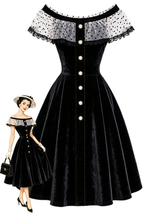 [Prévente] Robe noire en velours à pois en tulle et épaules dénudées années 1950 - 1