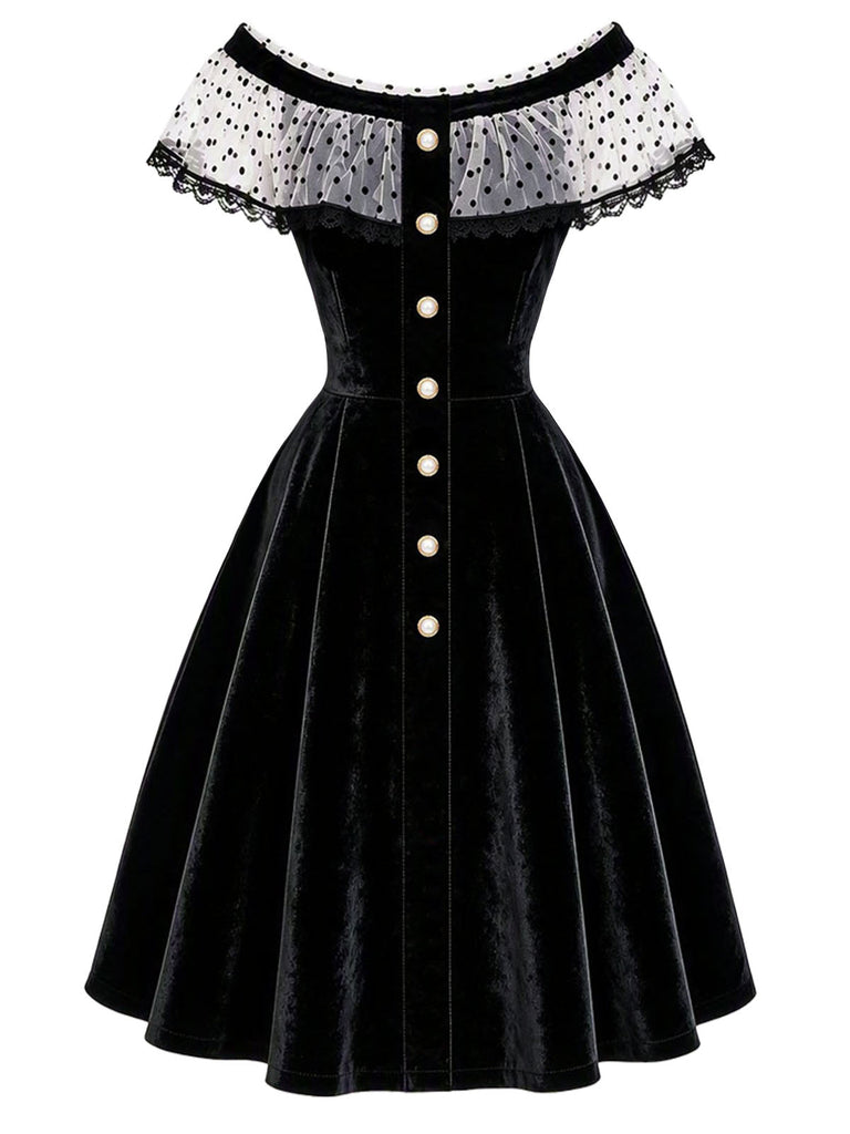 [Prévente] Robe noire en velours à pois en tulle et épaules dénudées années 1950 - 2
