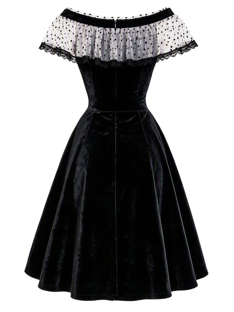 [Prévente] Robe noire en velours à pois en tulle et épaules dénudées années 1950 - 3