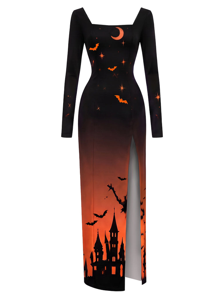 [Prévente] Robe longue d’Halloween à col carré et imprimé château années 1930