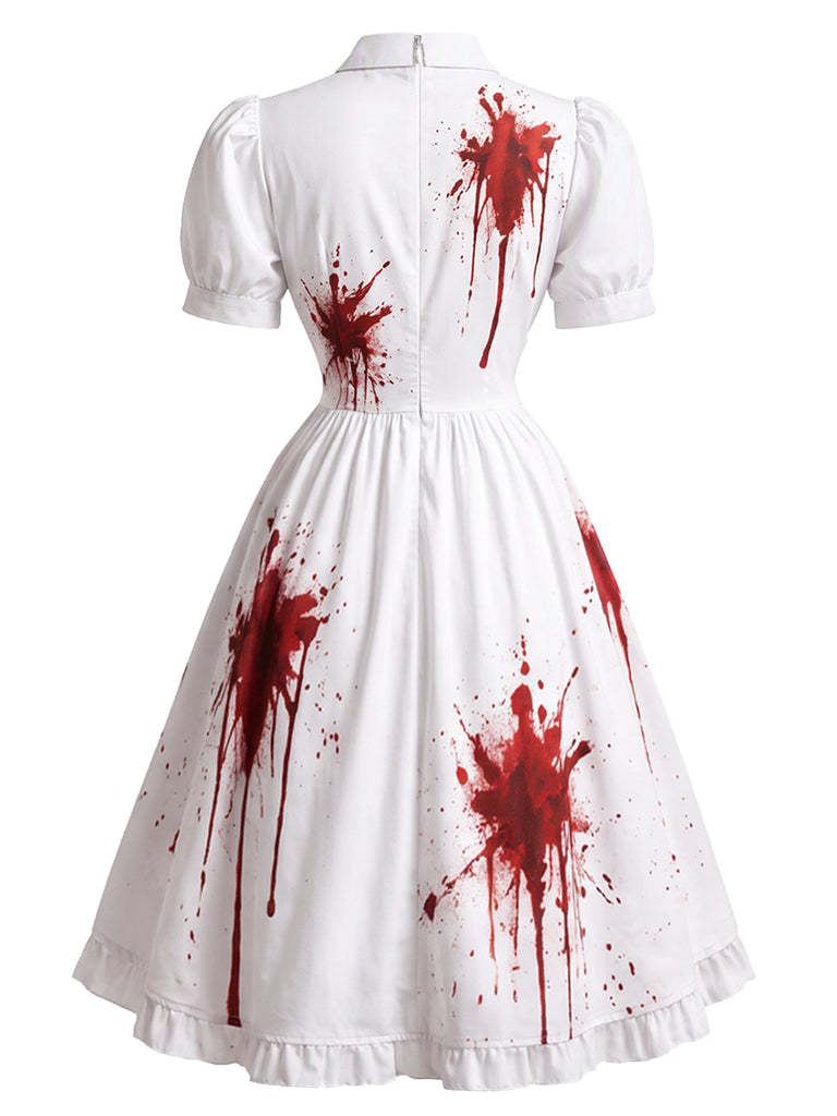 [Prévente] Robe blanche de cosplay infirmière à imprimé sang pour Halloween années 1950
