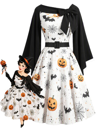 [Prévente] Robe cape noire et blanche d’Halloween à citrouilles, chauves-souris et toiles d’araignée années 1950