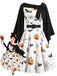 [Prévente] Robe cape noire et blanche d’Halloween à citrouilles, chauves-souris et toiles d’araignée années 1950