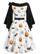 [Prévente] Robe cape noire et blanche d’Halloween à citrouilles, chauves-souris et toiles d’araignée années 1950