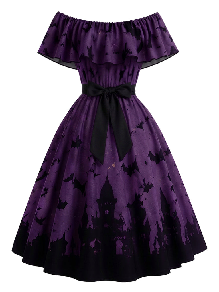 [Prévente] Robe violette évasée à imprimé château et chauves-souris, épaules dénudées années 1950