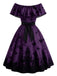 [Prévente] Robe violette évasée à imprimé château et chauves-souris, épaules dénudées années 1950